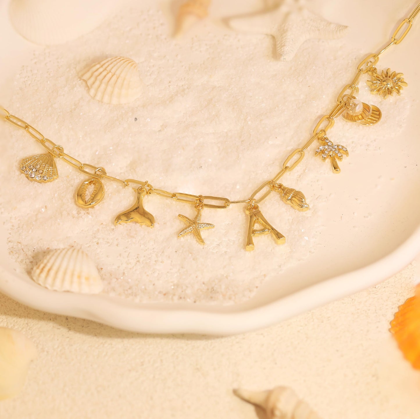 JALZEMPL Initial Charm Necklaces For Women Shell Letter Paperclip Chain Seashell Starfish Beach Summer Pendant Boho Surfer 14K Gold Plated Jewelry Gift (Z)