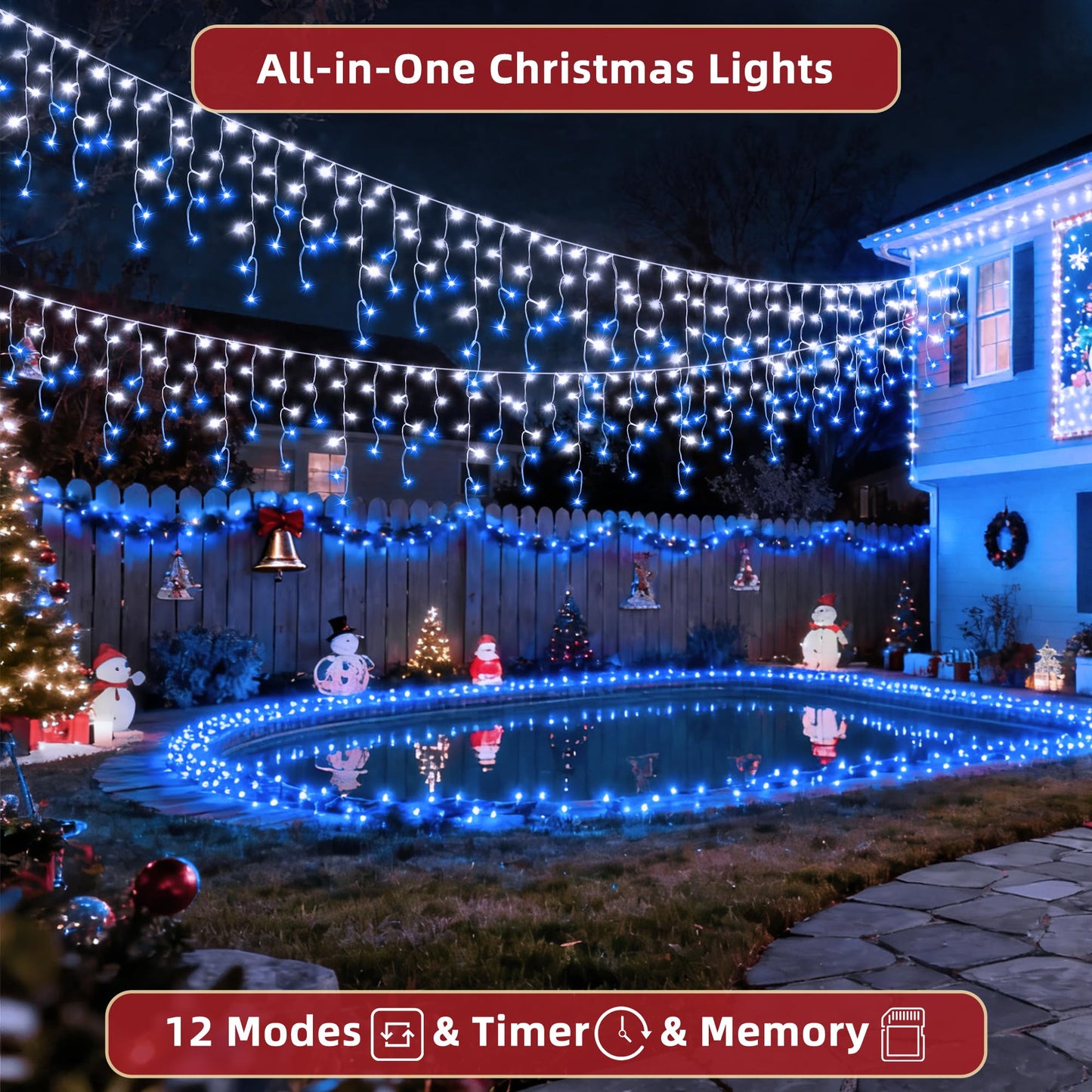 810 LED Christmas Lights Outdoor 82FT with 180 Drops, Christmas Decorations Hanging Lights 12 Modes, Dimmable Outsite Fairy String Lights for Wedding Party Holiday Winter Wonderland Decor Blue & White
