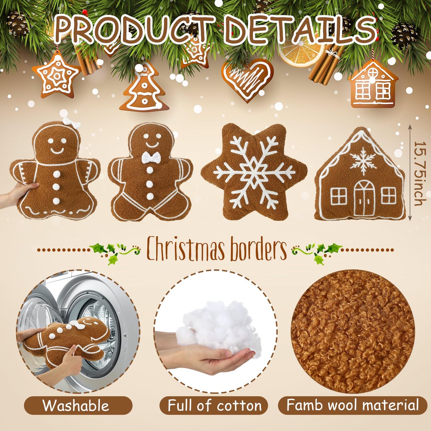 HunnmingRe 4 Pcs Christmas Throw Pillows Fall Football Plush Pillows Winter Holiday Cushion Soft Decorative Cushions for Couch Bedroom Living Room Thanksgiving Xmas Decor(Caramel,Gingerbread)