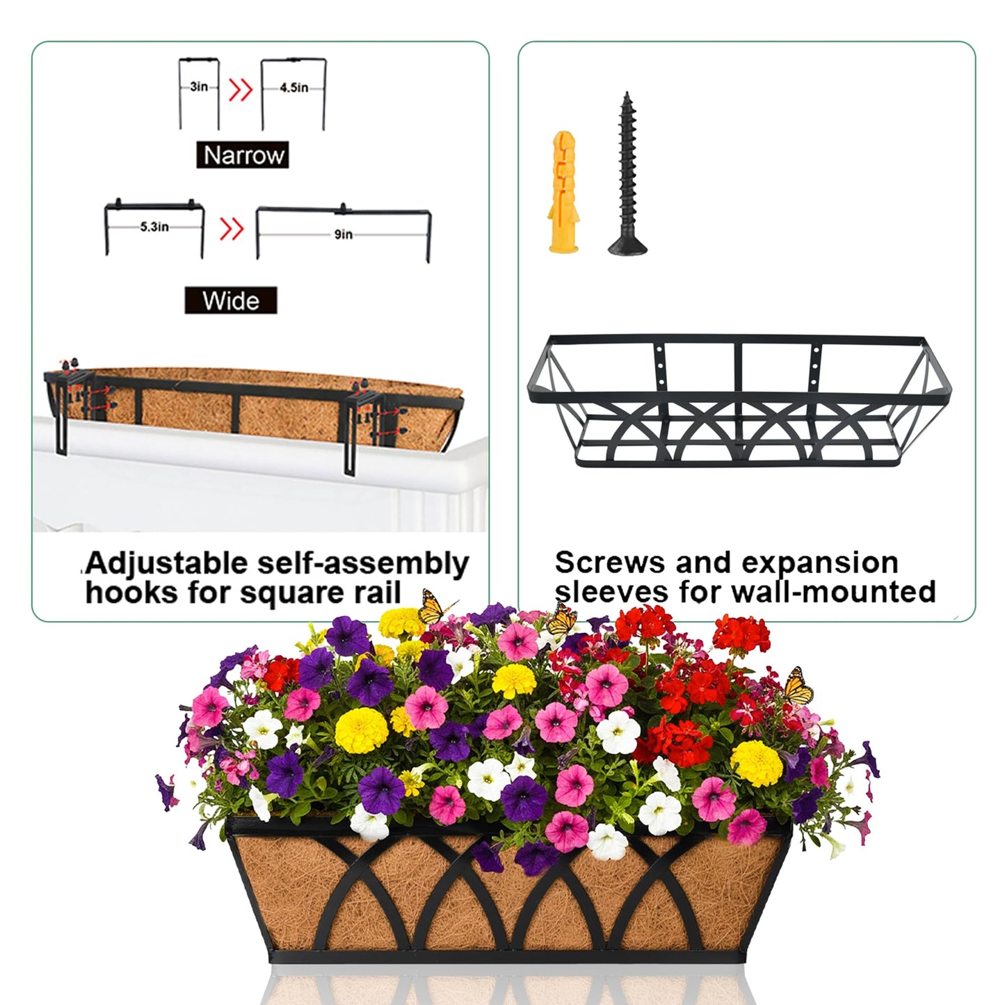 Flat Railing Planter Window Box Wall Hanging Planters (2 Pack, 24 Inch) Balcony Fence Planter with Coco Liner, Horse Trough Planter Metal Window Planter Box for Outdoor Plant Holder Rail Deck