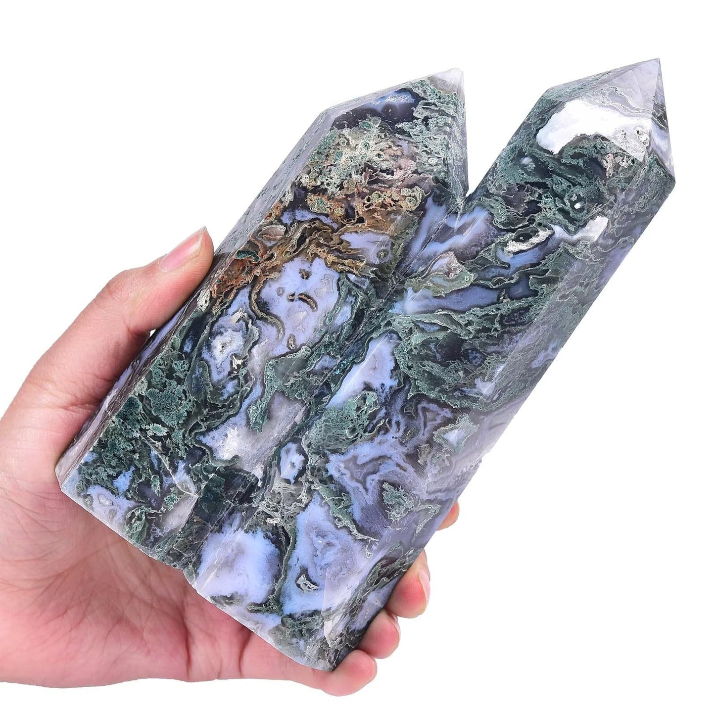 VIZYTOU Large Heaing Crystal Stone Tower Two Pointed Wand Column Moss Agate Obelisk Meditation Stone 1.7-2.2 Pound