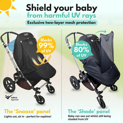 SnoozeShade Plus Extra Pram and Stroller Sun Shade Cover Blocks 99% UV UPF50+ Baby Sleep Aid and Breathable Blackout Canopy for Pushchairs Buggies and Travel Strollers