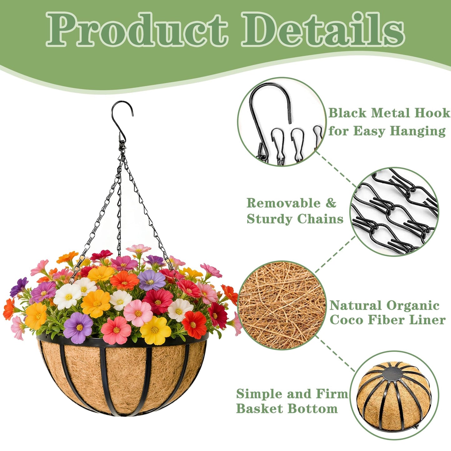 Black Flat Iron Metal Hanging Planter Basket with Coco Coir Liner(4 Pack, 14 Inch) Hanging Planters for Outdoor Plants Round Plant Flower Pots Hanging Flower Basket for Outdoor Patio Garden Decoration