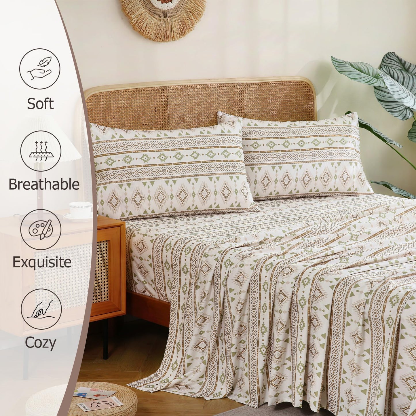 CozySmile 4 Pieces King Sheet Set Bohemian, Boho Sheets Soft Microfiber Deep Pocket, Western Sheets Geometric(King, Cream Olive Geometric)