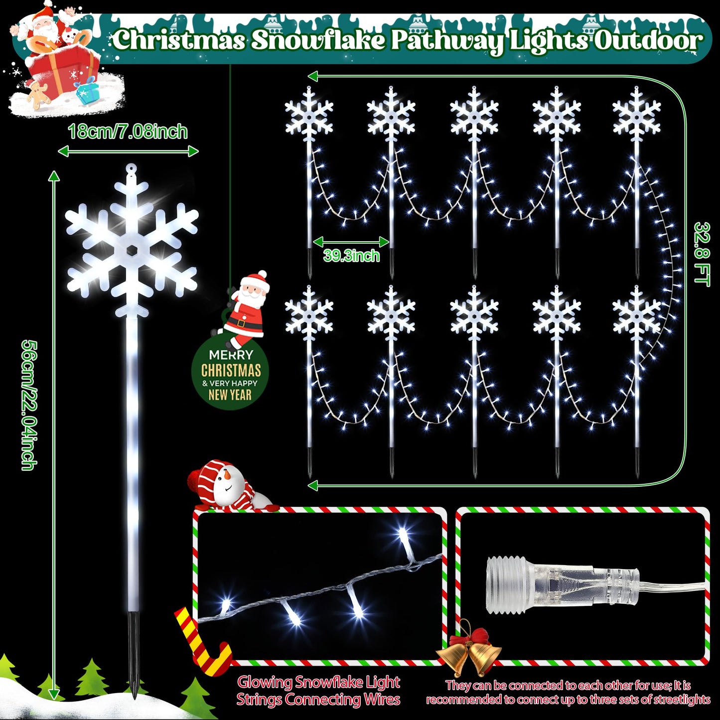 ElectricWise 10 Pcs Christmas Snowflake Pathway Stake Lights for Outdoor Yard, 370 Bright LEDs Waterproof Large Christmas Snowflake Light Decoration for Garden Lawn Driveway Walkway Decor(Cool White)