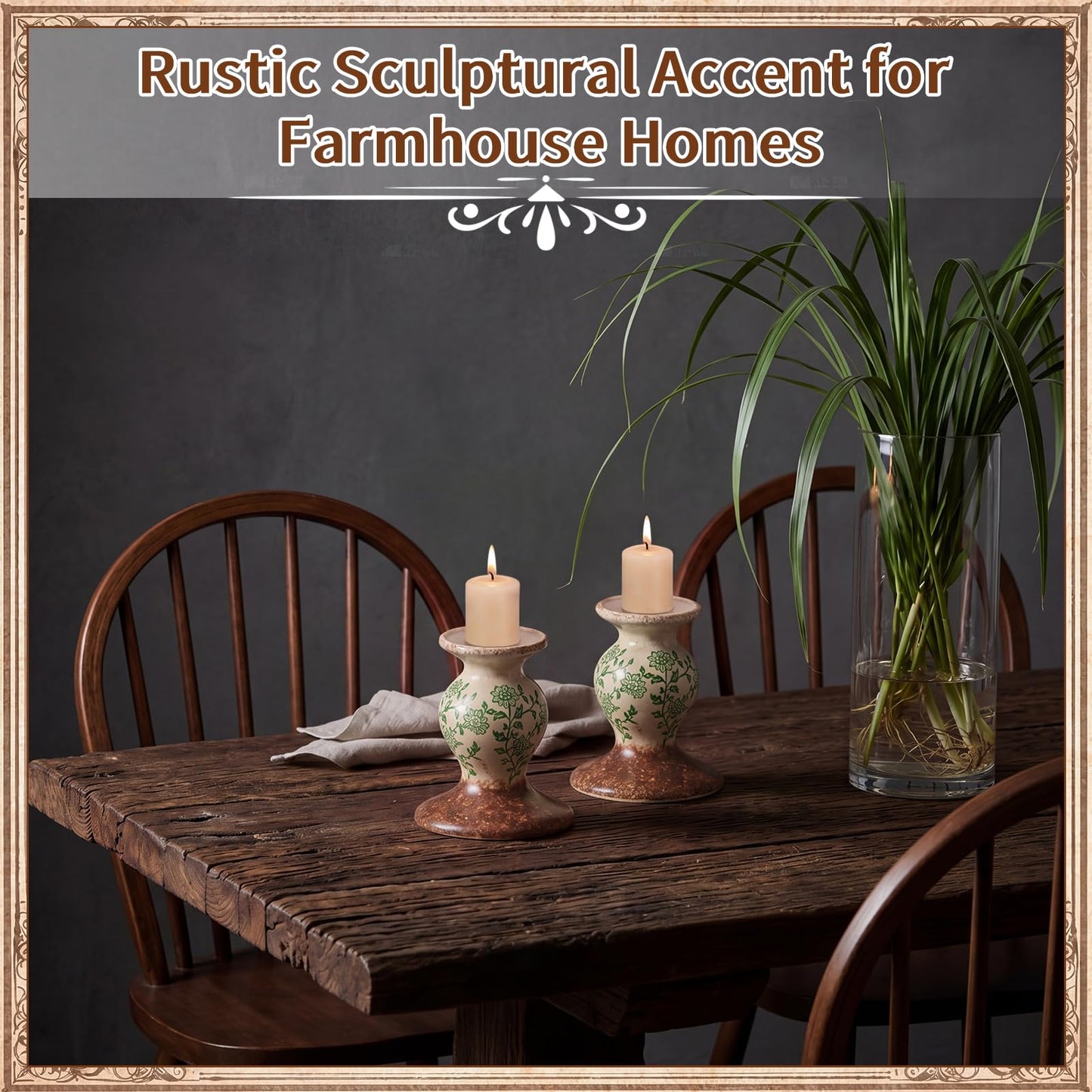Patelai 2 Pcs Terracotta Pillar Candle Holders Floral Sculptural Taper Candlestick Rustic Farmhouse Decorative Candleholders Pedestal Stand for Table Centerpiece Wedding Home Tabletop Decor