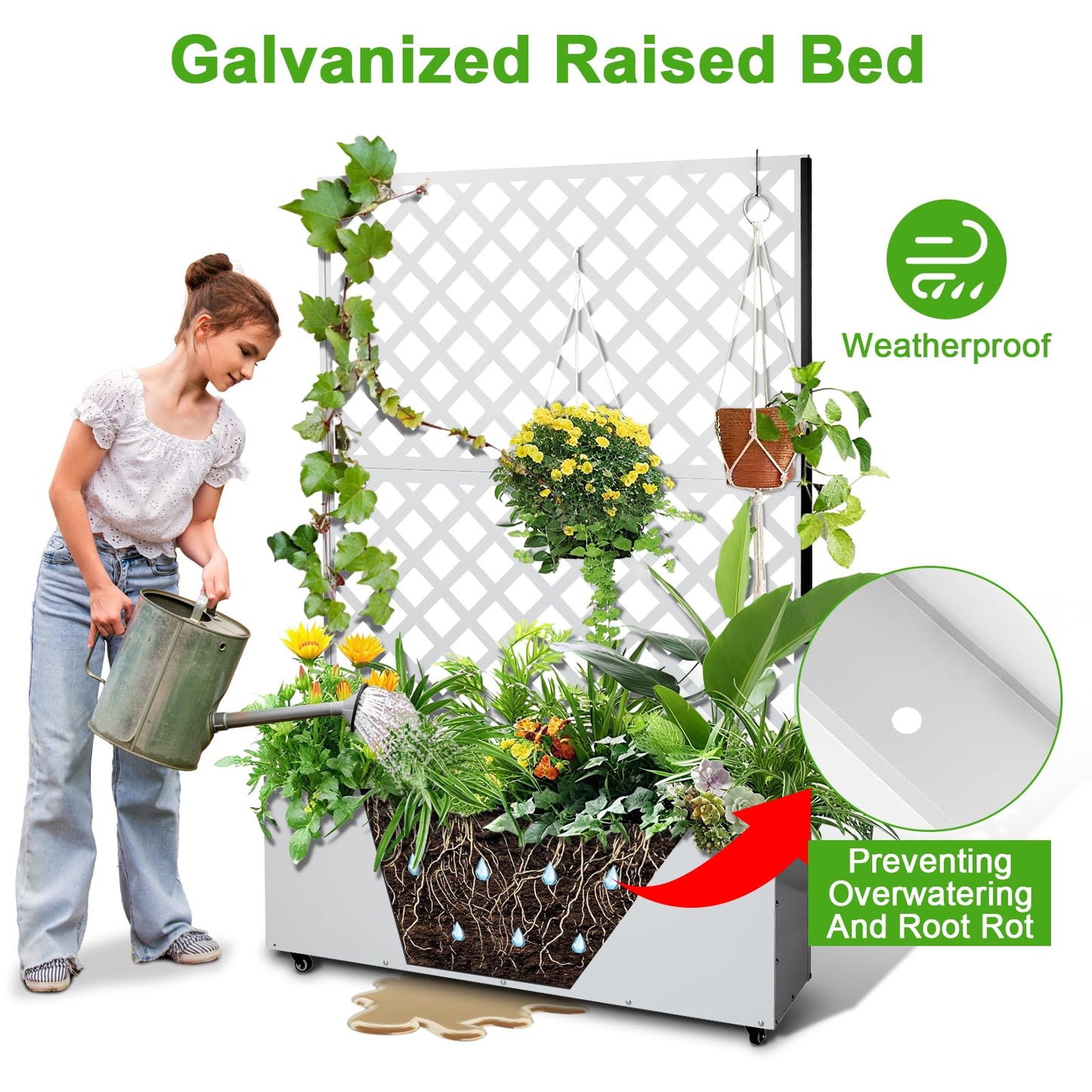 Metal Planter Box with Trellis Privacy Screen, Raised Garden Bed with Trellis & Wheels, Privacy Planters for Patio, Planter Box with Drainage Holes for Climbing Plants, Flower, 73"x 47"x 12", White