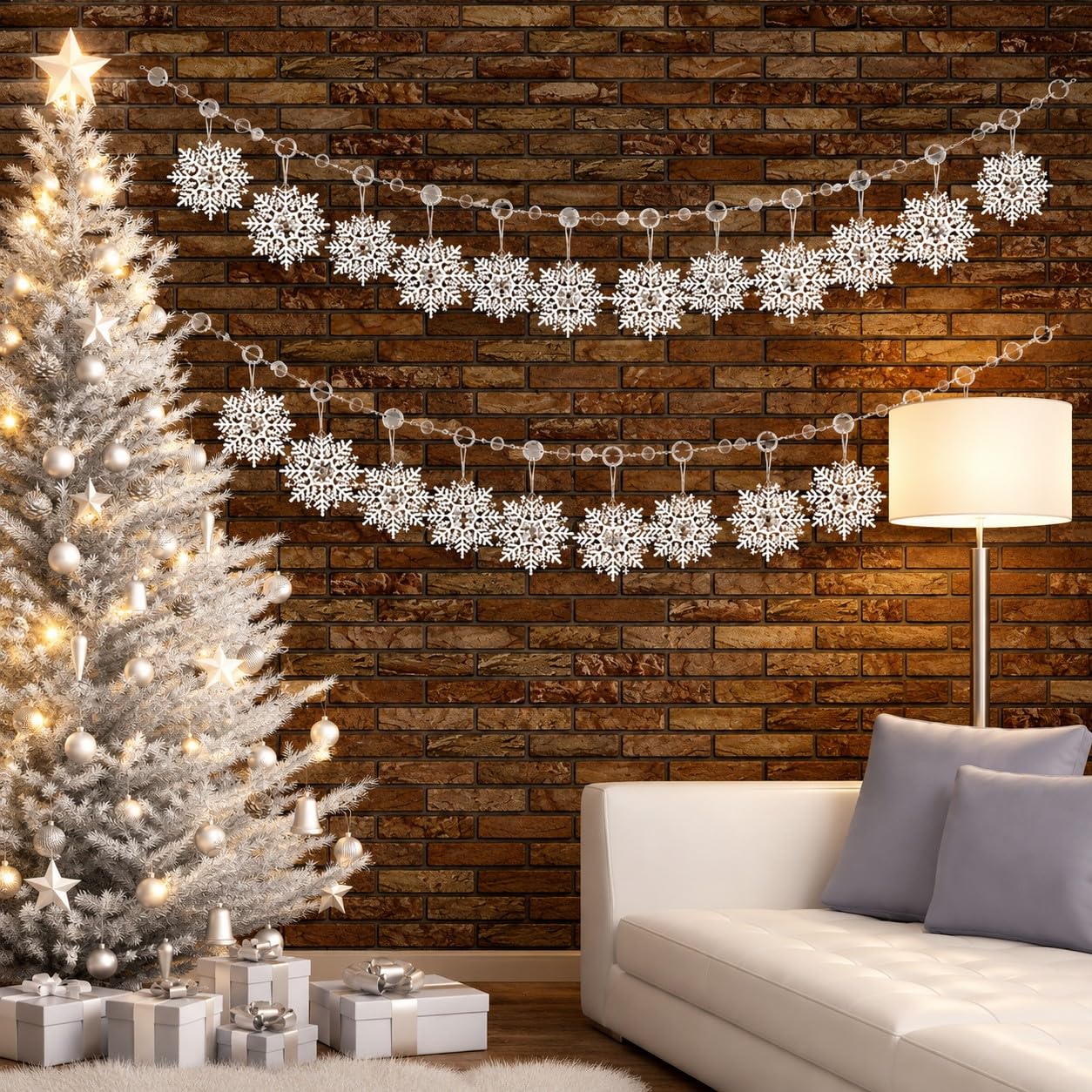 Snowflake Christmas Garland Decorations Set of 2 – 72 Inch Glitter Snowflake Hanging Garlands with Large 4” & 6” Snowflakes – Winter Wonderland Christmas Tree, Mantel, Staircase & Holiday Party Decor