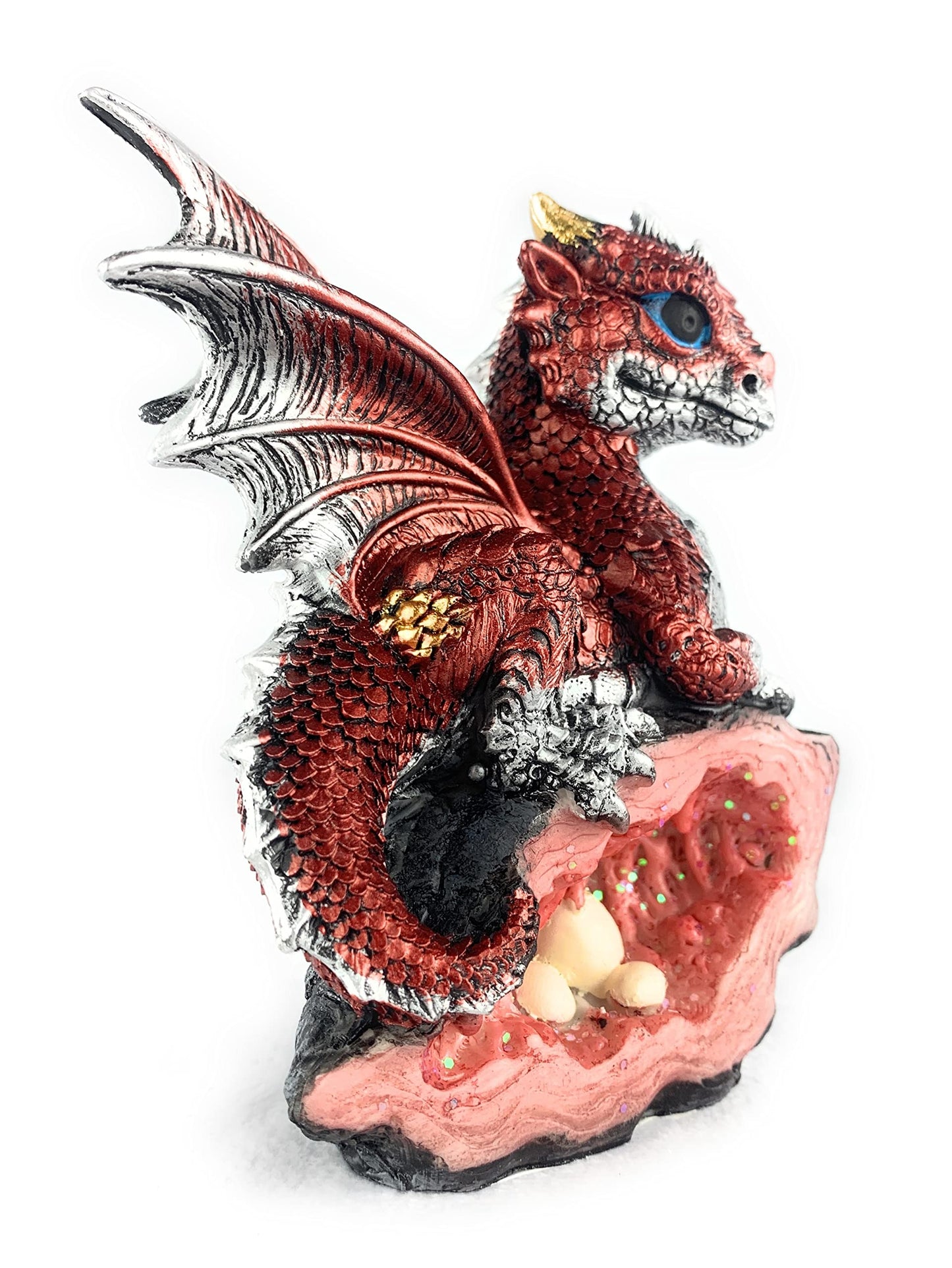 Ain’t It Nice Dragon Statue Medieval Baby Dragon with Crystal Egg Nest Decorative Figurine Geode Sparkling Crystal Cave Dragon Figurine Collectible Fantasy, Red 4(L) 2(W) 5(H) inches