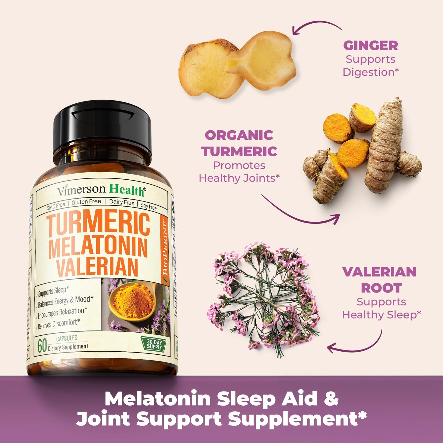 Turmeric Supplement - Turmeric Curcumin with Black Pepper, Melatonin 3mg & Valerian. Natural Sleep Aid for Adults with L-Theanine, Ginger, Valerian Root Capsules. Aids Relaxation and Mood. 60 Capsules