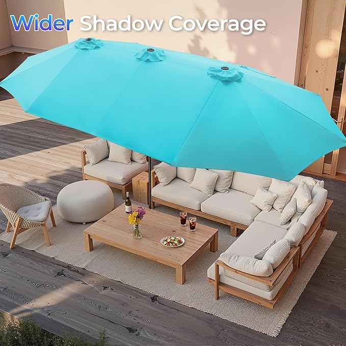SUPERJARE 15FT Outdoor Umbrella for Patio, Double sided Pool Umbrellas with Fade Resistant Canopy, Large Table Umbrella for Deck, Market, Backyard - Light Blue