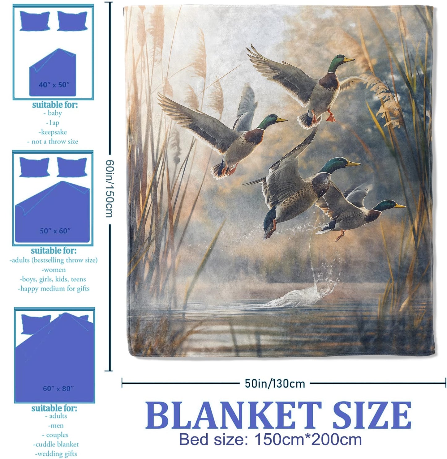 Plistiz Duck Throw Blanket 40"x50", Waterfowl Takeoff Theme Blankets for Living Room Couch, Home Decor, Soft Flannel Duck Gifts for Adults and Women