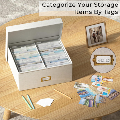 Decorative Photo Storage Box - Linen Photo Box Organizer with Dividers, Fits Holds Up to 1700 Pictures and 4x6 Photos, Memory Keepsake Organizer for Photos, Scrapbook Supplies, Cards, Stamps (Beige)