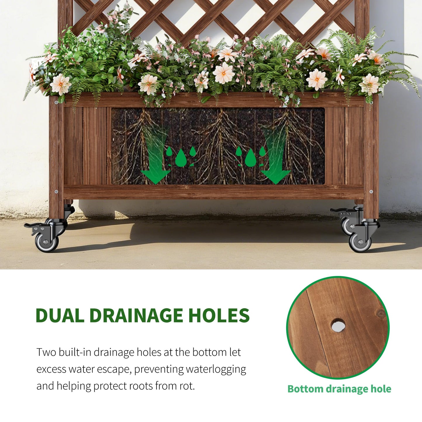 ScienGarden Upgraded 2-Pack 50" Tall Trellis Planter Box with Wheels, 49.8"H × 27.6"W × 13.0"D Solid Fir Wood Raised Garden Bed & Lattice Privacy Screen, Rolling Planter with Drainage for Patio/Garden