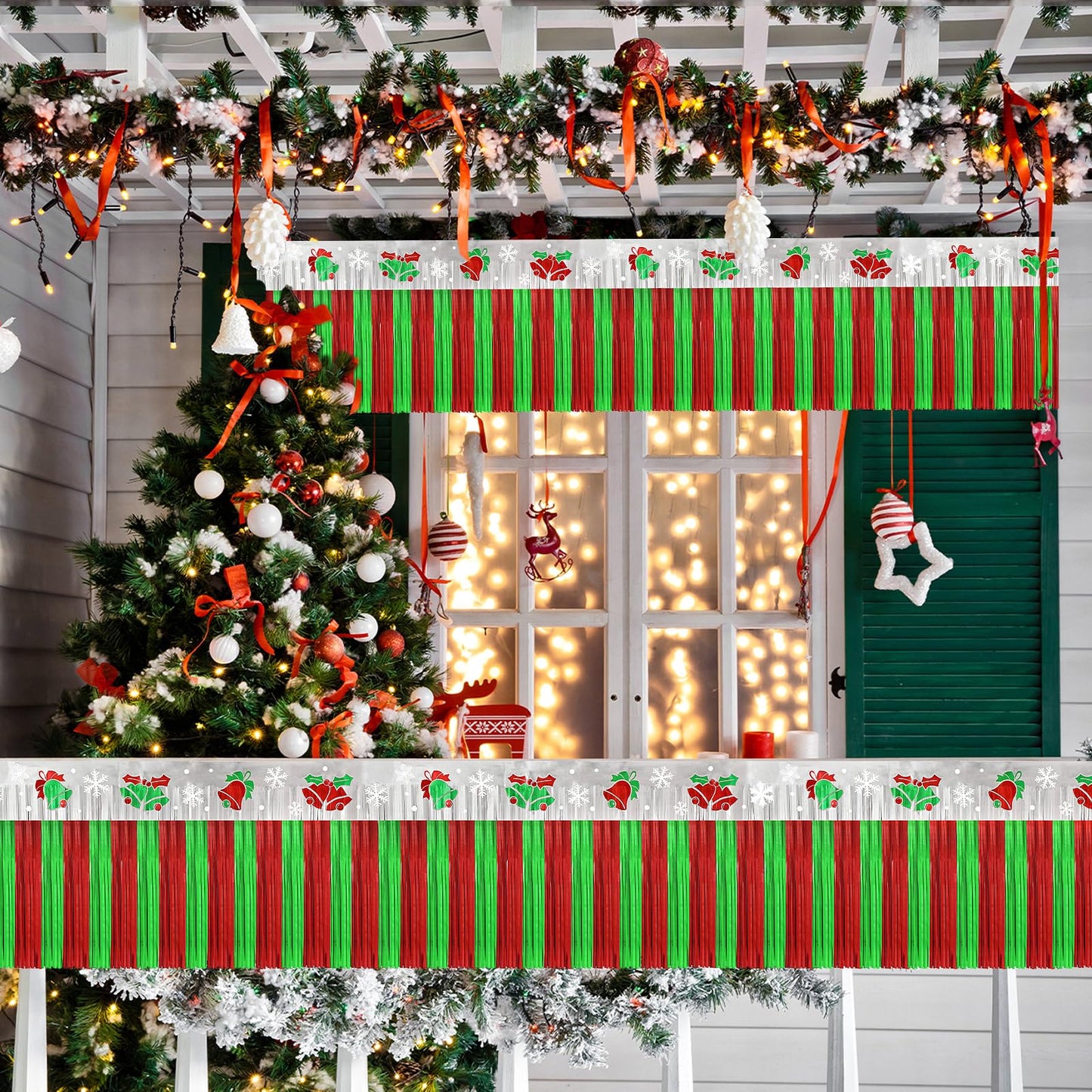 4 PACK Christmas Party Decorations, 79 Feet Foil Fringe Garland Red Sliver and Green Jingling Bell Metallic Tinsel Streamers Banner Wall Hanging Fringe Backdrop Banner for Party Holiday