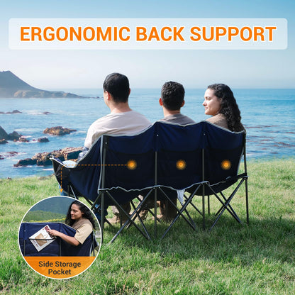 KingCamp 3 Person Camping Chair, Oversized 1100lbs Heavy Duty Loveseat for Adults Portable Folding XL 2 Person Couch Padded Comfortable Three Seat with Cup Holder for Outdoor Lawn Backyard, Black/Grey