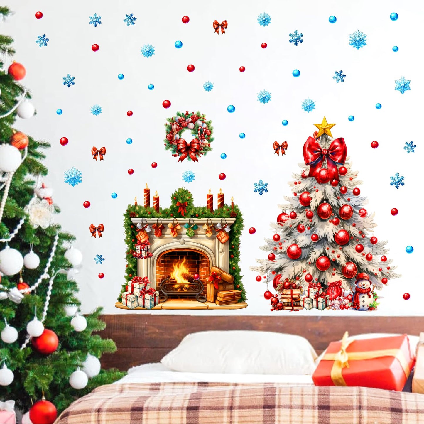 Christmas Tree Wall Stickers Xmas Fireplace Wall Decals Peel and Stick Winter Snowflake Wall Decals Winter Holiday Snow Fireplace Tree Window Decal Christmas Window Stickers Party Decorations