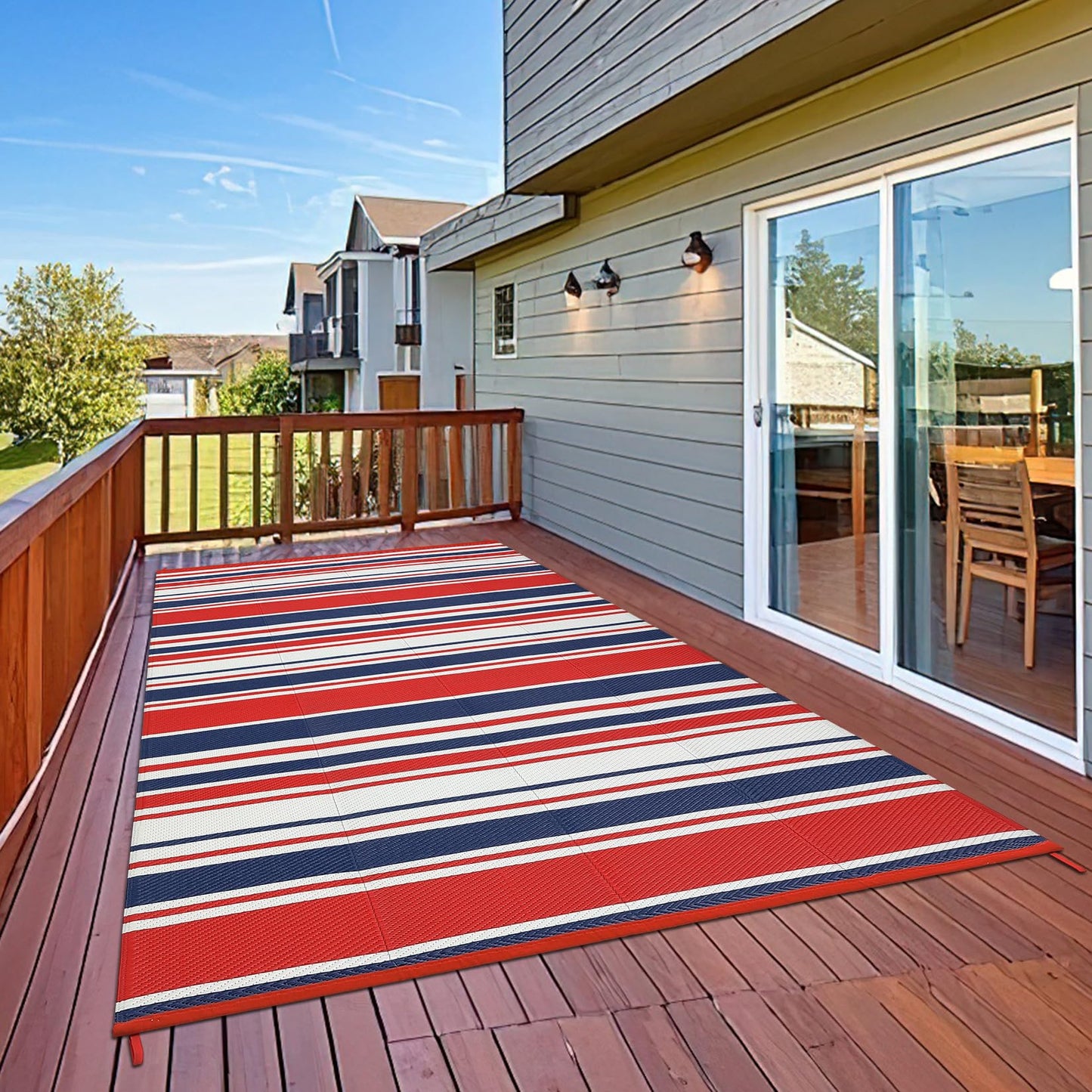 MilleLoom 10x20 Large Outdoor Patio Rug Modern Line Plastic Straw Outdoor Rugs Waterproof Foldable UV Resistant Camping Reversible Mats for Deck, Picnic, Porch, Camper, Balcony, Beach, Rv，Red/Multi