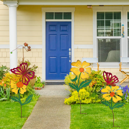 WKHOMEDECO 3 Pack Butterfly&Flower Metal Flowers for Outside & Decorative Garden Stakes - Metal Yard Art Outdoor and Garden with Rustproof Design | Spring Lawn Ornaments for Porch,Backyard，Patio