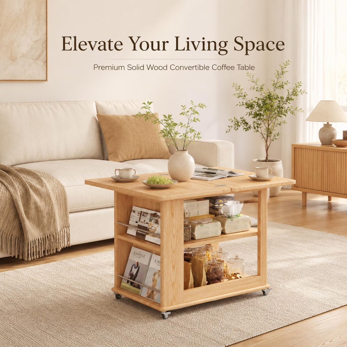 YQJJGL Expandable Coffee Table with Hidden Storage and Wheels, Convertible Wood Center Table with 2-Tier Adjustable Shelves, Rolling Coffee Table for Living Room, Small Spaces,Natural
