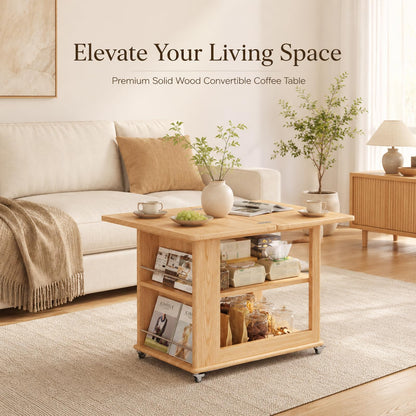 YQJJGL Expandable Coffee Table with Hidden Storage and Wheels, Convertible Wood Center Table with 2-Tier Adjustable Shelves, Rolling Coffee Table for Living Room, Small Spaces,Natural
