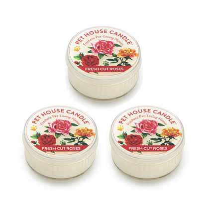 Pet House Mini Candles for Pet Odor Made with Natural Soy Wax, Plant Based, Dog and Cat Friendly Scented Candles, Fresh Cut Roses Pack of 3