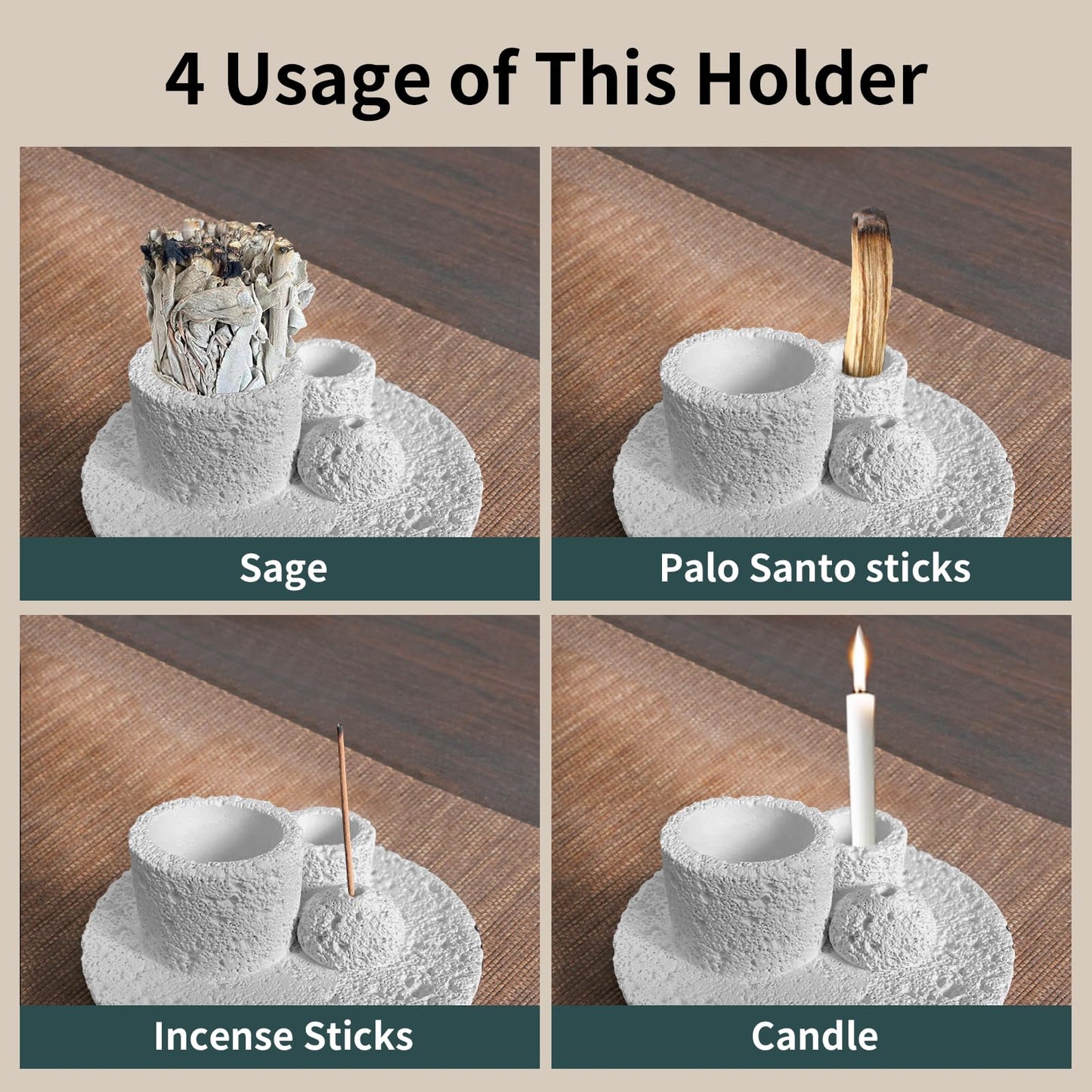 4 in 1 Cement Holder for Incense Sticks/Palo Santo/Sage Sticks/Candle