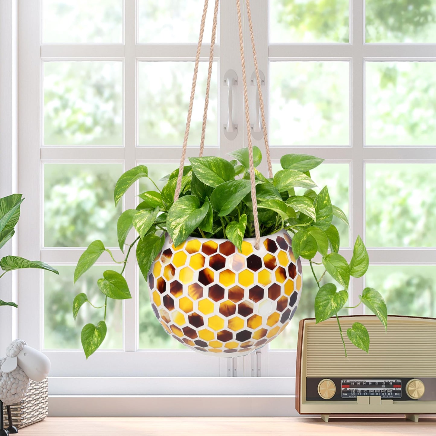 Chonsun Hanging Planter Mosaic Garden Pot Small Flower Pot for Indoor Plant Disco Ball Hanging Planter with Drainage Yellow Bee