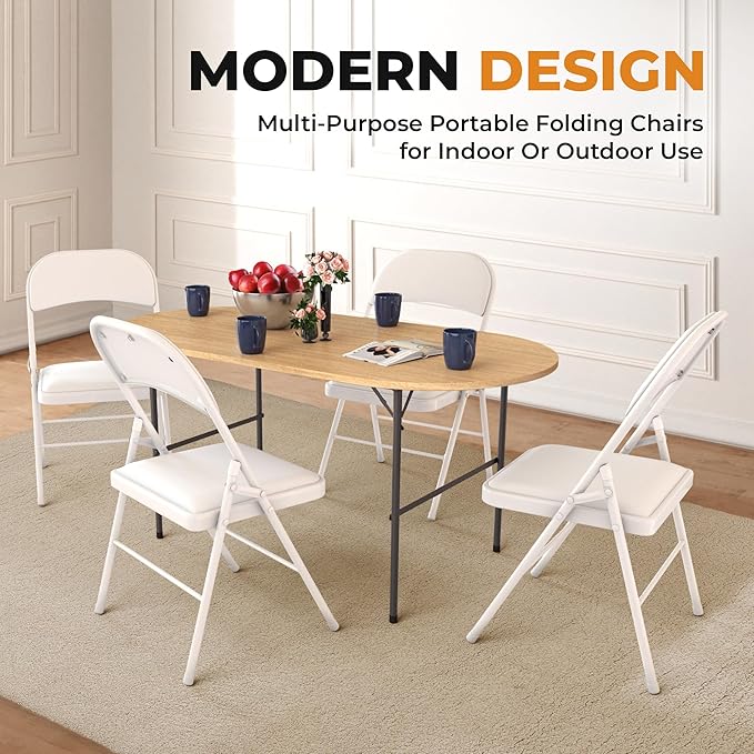 4 Pack Leather Chair | Foldable & Stackable | 350 lbs Capacity Steel Frame Seats for Indoor or Outdoor | Commercial Use Events Wedding Party Events Bulk Picnic Kitchen Dining - White