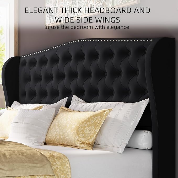 BRELTAM Upholstered Queen Size Bed Frame Velvet Black Tufted Platform Bed Frame