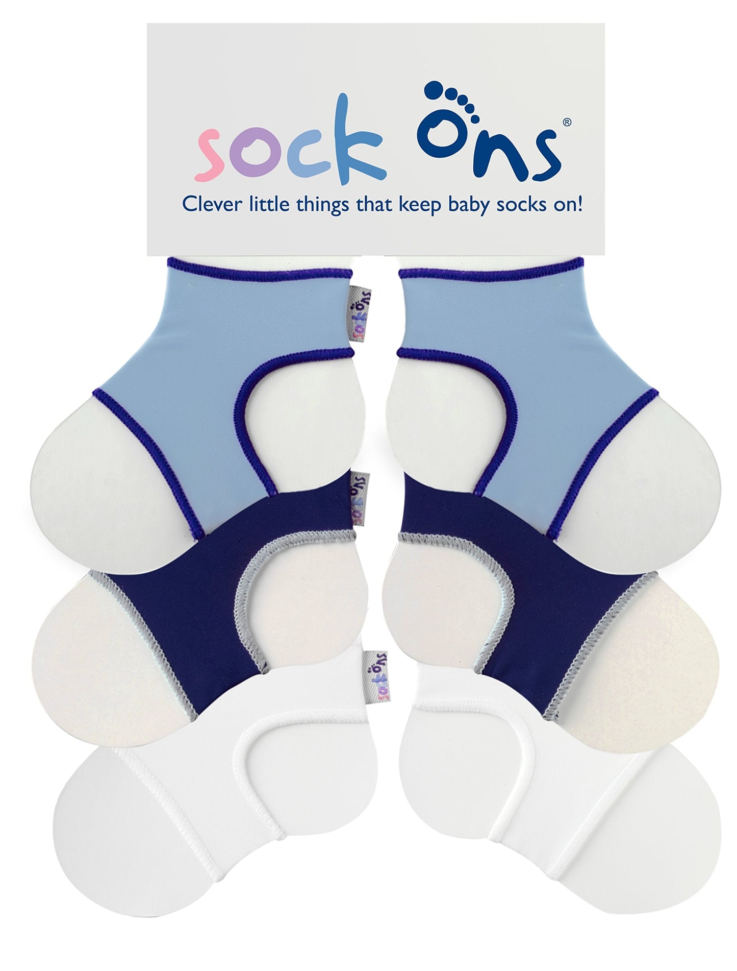 Sock Ons - Baby Sock Holders - 6-12 Months - 3 Pack (1 x Baby Blue, 1 x Navy, 1 x White) - Amazing Value Pack - Keep Baby Socks On!