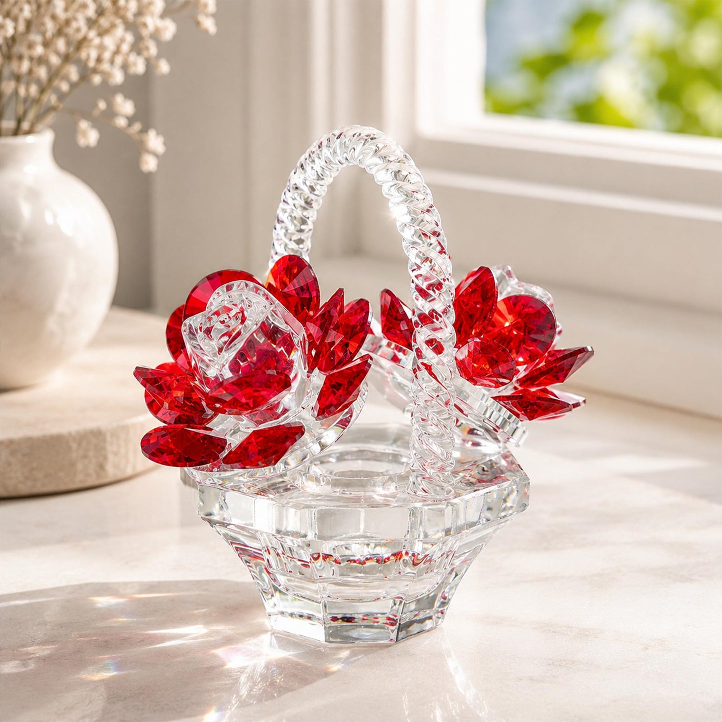 H&D HYALINE & DORA Crystal Red Rose Flower Basket Crystal Collectible Figurines Ornaments for Home Decor Table Centerpiece
