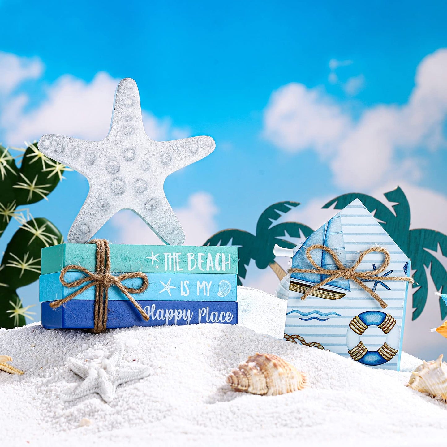 Blulu 5 Pcs Summer Beach Wooden Tabletop Decor, Coastal Ocean Blue Decorations for Home, Wood Starfish Decor, Stay Salty House Signs & Faux Book Stack, Nautical Table Centerpieces for Bedroom Desk