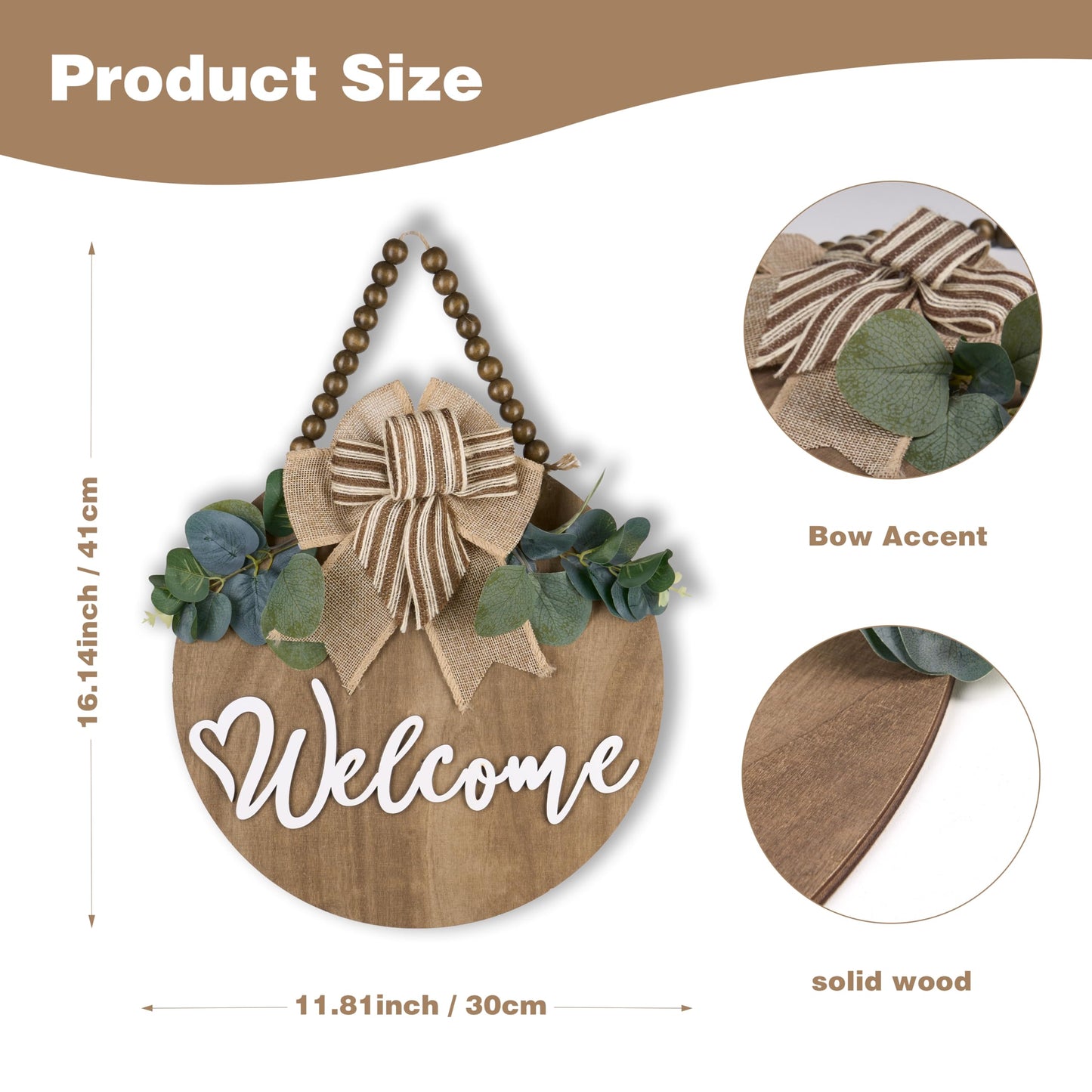 CondorPasea 12 Inch 3D Welcome Sign for Front Door, Round Wooden Welcome Door Sign with Artificial Greenery, Buffalo Plaid Bow & Rustic Beads, Farmhouse Porch Home Decor Gift