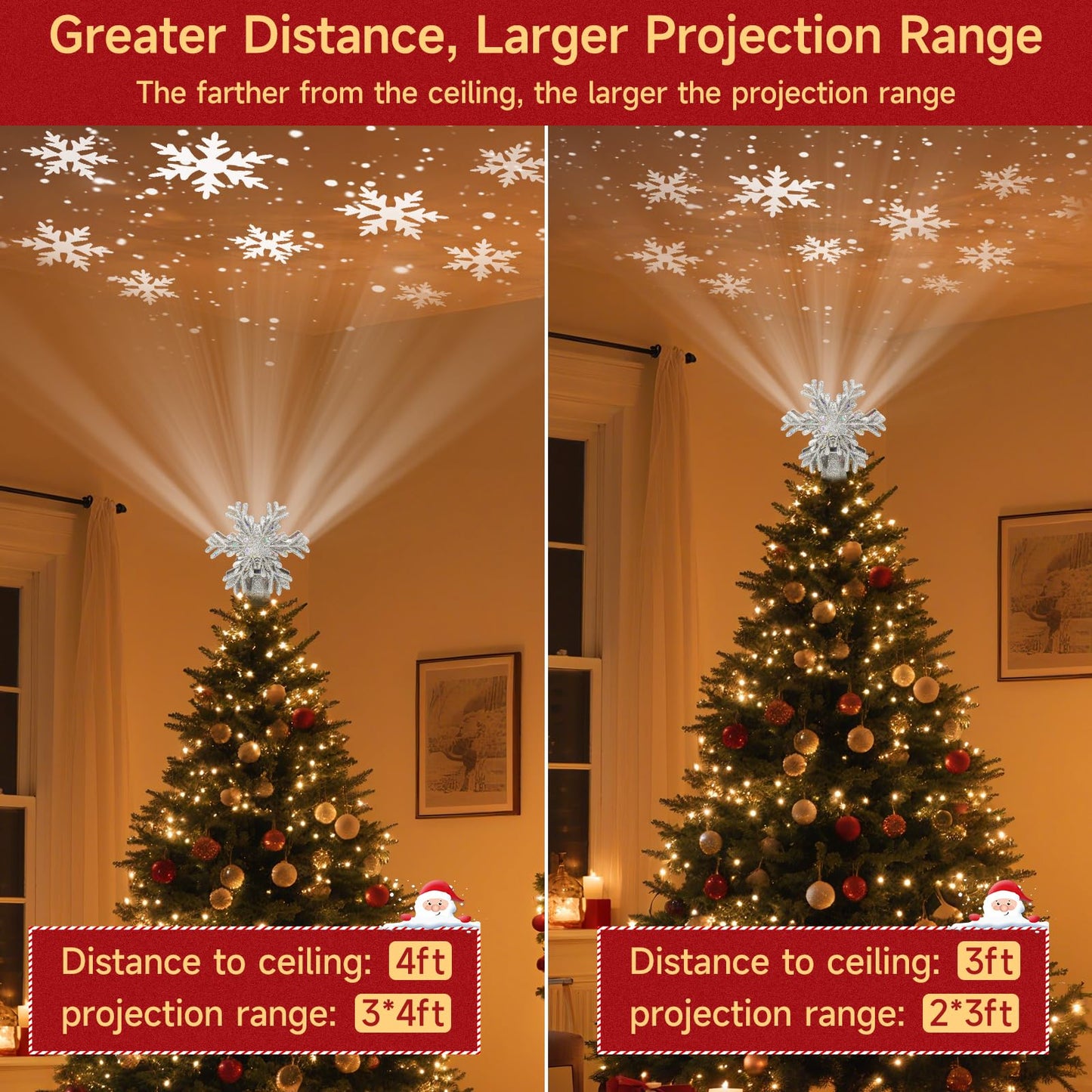 Christmas Tree Topper Lighted with Built-in LED Rotating Snowflake Projector, 3D Hollow Glitter Silver Snowflake Tree Topper for Xmas Party Holiday Christmas Decorations