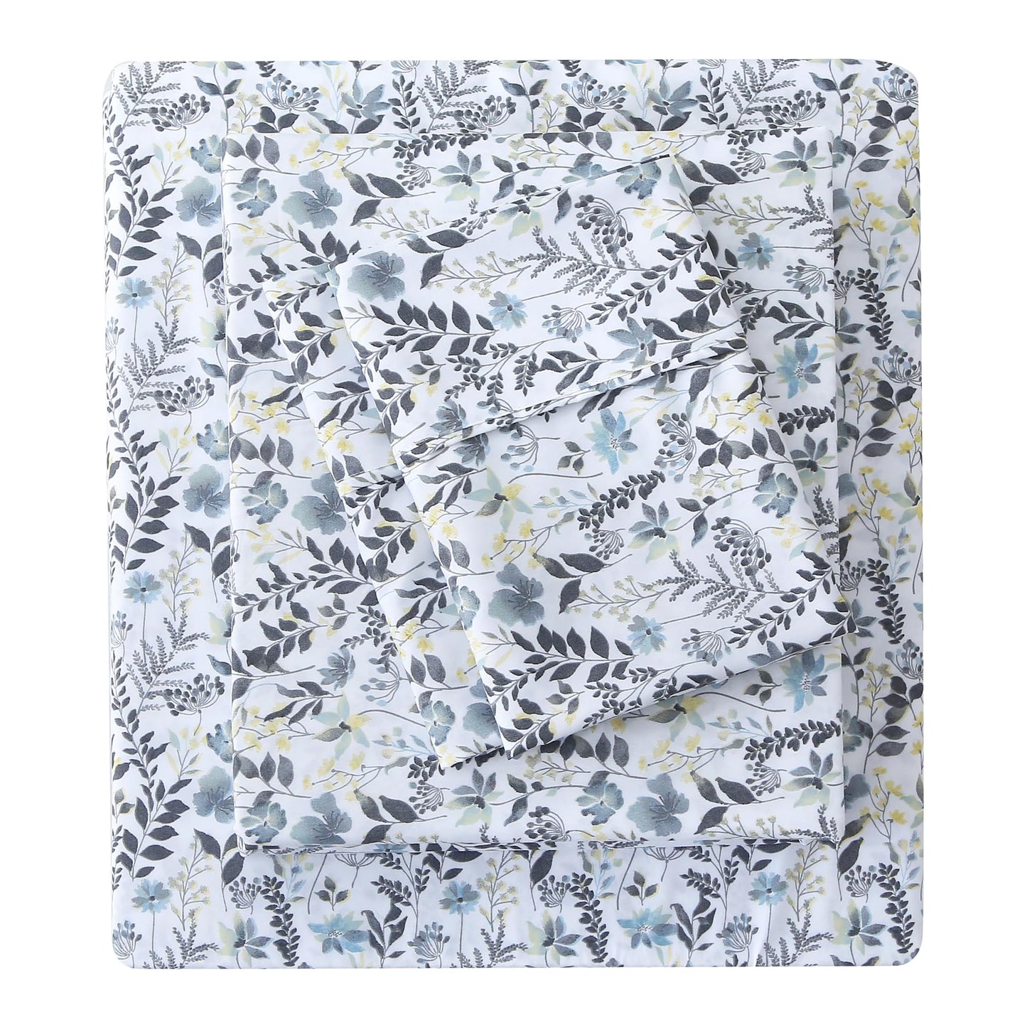 Mooreeke Cozy Vintage Microfiber Printed Twin Sheet Set - Soft Breathable Floral Bed Sheets with Deep Pocket - Non-Slip Fitted Design - Yellow Blue Gray Gradient Flowers Pattern
