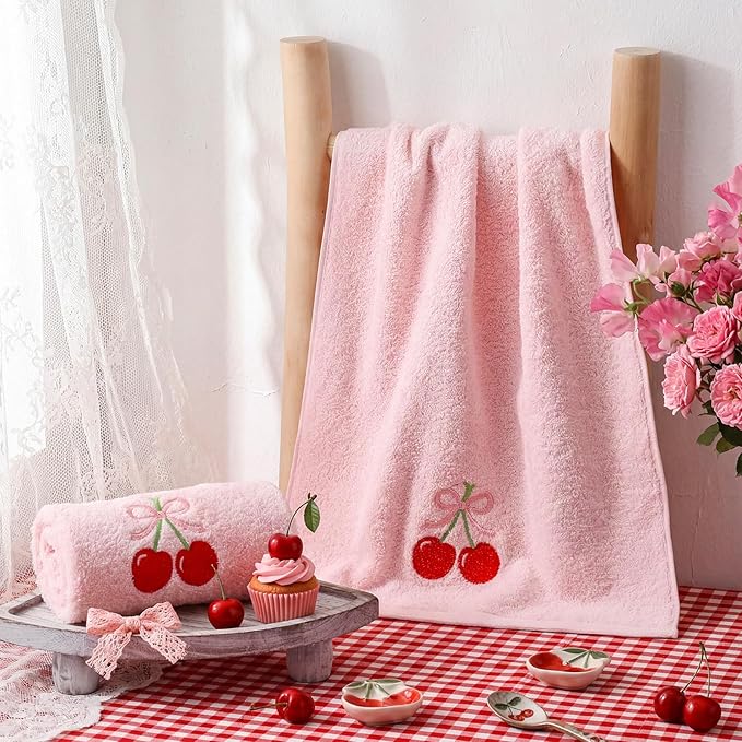 2 Pcs Cherry Hand Towels Light Pink Bathroom Decor 14x29 Inch Embroidered 100%