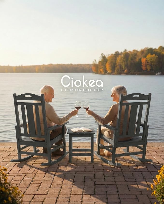 Ciokea Oversized Outdoor Rocking Chairs Set of 3, 380lbs Heavy-Duty Large Patio Rocker, High Back Cozy Porch Chairs, Weather Resistant Patio Rocking Chairs for Outside, Fire Pit, Deck, Dark Grey