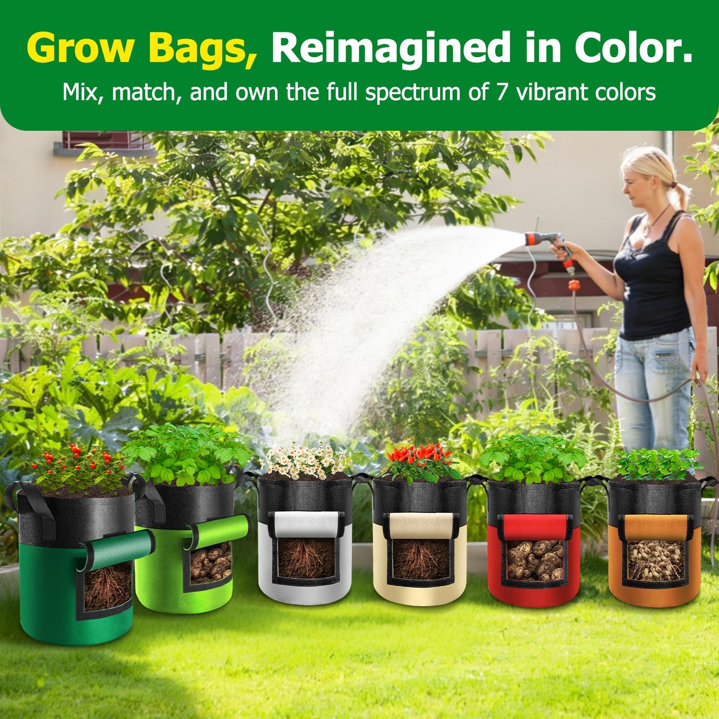 Xpatee 6 Pack Potato Grow Bags with Flap, 15 Gallon Grow Bags for Growing Potatoes, Colorful Durable Fabric Garden Planter Pots with Harvest Window for Tomatoes Vegetables Fruit Flowers Herbs