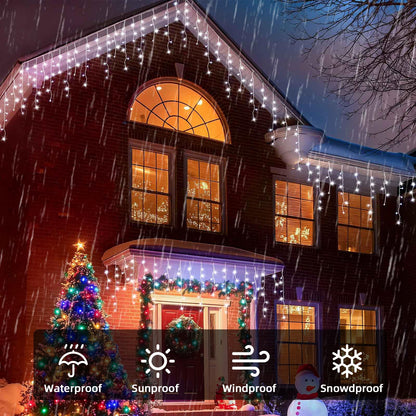 BYIZO Christmas Outdoor Icicle Lights - 200 LED 21+16 FT 8 Modes Curtain Fairy String Light Plug in, Waterproof for Eaves Yard Holiday Xmas Holiday Indoor Outdoor Decoration - White