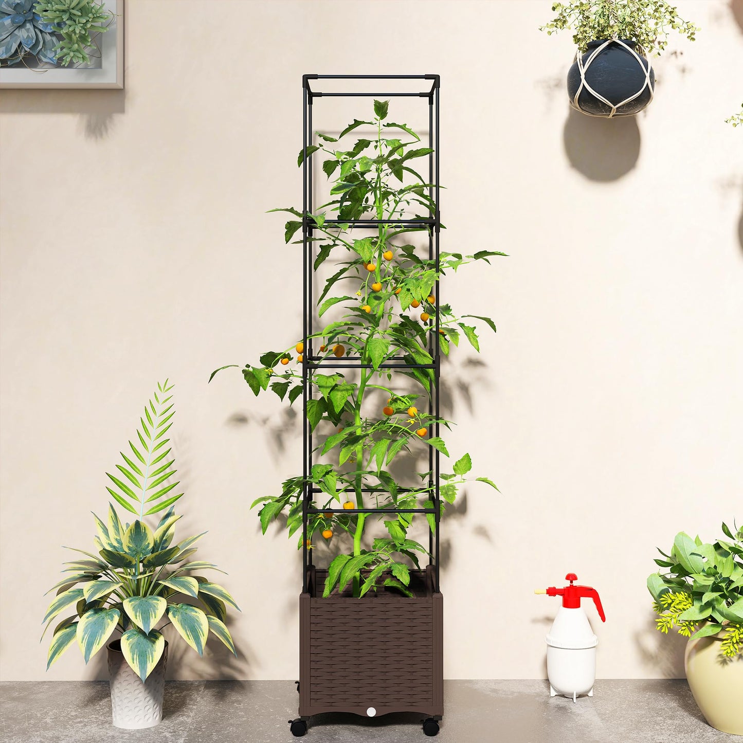 Outsunny Raised Garden Bed with Trellis, 71.7" Tomato Cage with Lockable Wheels, Self Watering Outdoor Planter Box with Drainage Holes and Plugs for Climbing Plants, Vines, Vegetables, Flowers, Brown