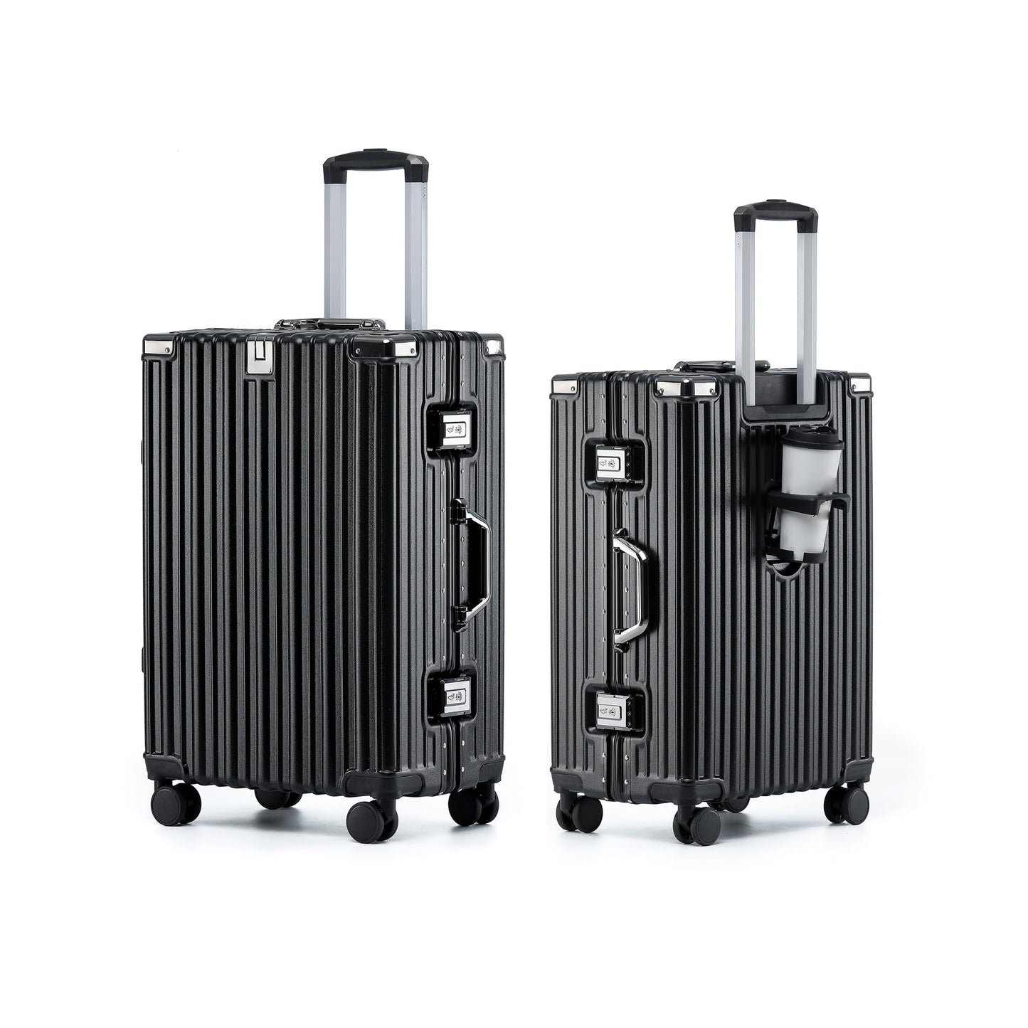 HotWay 26 Inch Aluminum Frame Luggage with Spinner Wheels, PC Hard Shell Suitcase with Cup Holder, Zipperless Luggage for Business Travel, Black