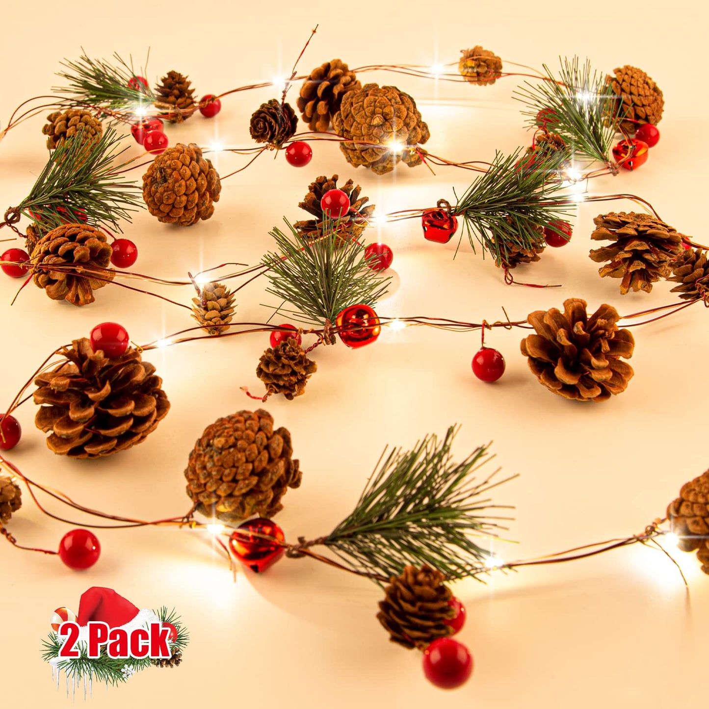 2 Pack Christmas Garland, 6.56 Ft LED String Light with Pine Cones, Red Berries, Bells for Xmas Decor Mantle Fireplace Christmas Holiday Party Thanksgiving Decoration, 20 LED Lights, Battery Operated