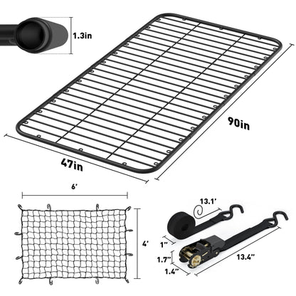 WILDROAD Car Roof Platform, Universal Roof Flat Rack 90" x 47" x 1.3" Heavy Duty Roof Rack Platform with Super Duty Bungee Cargo Net, Ratchet Straps and Anti-Rust Sealant Fits for SUV Truck Cars