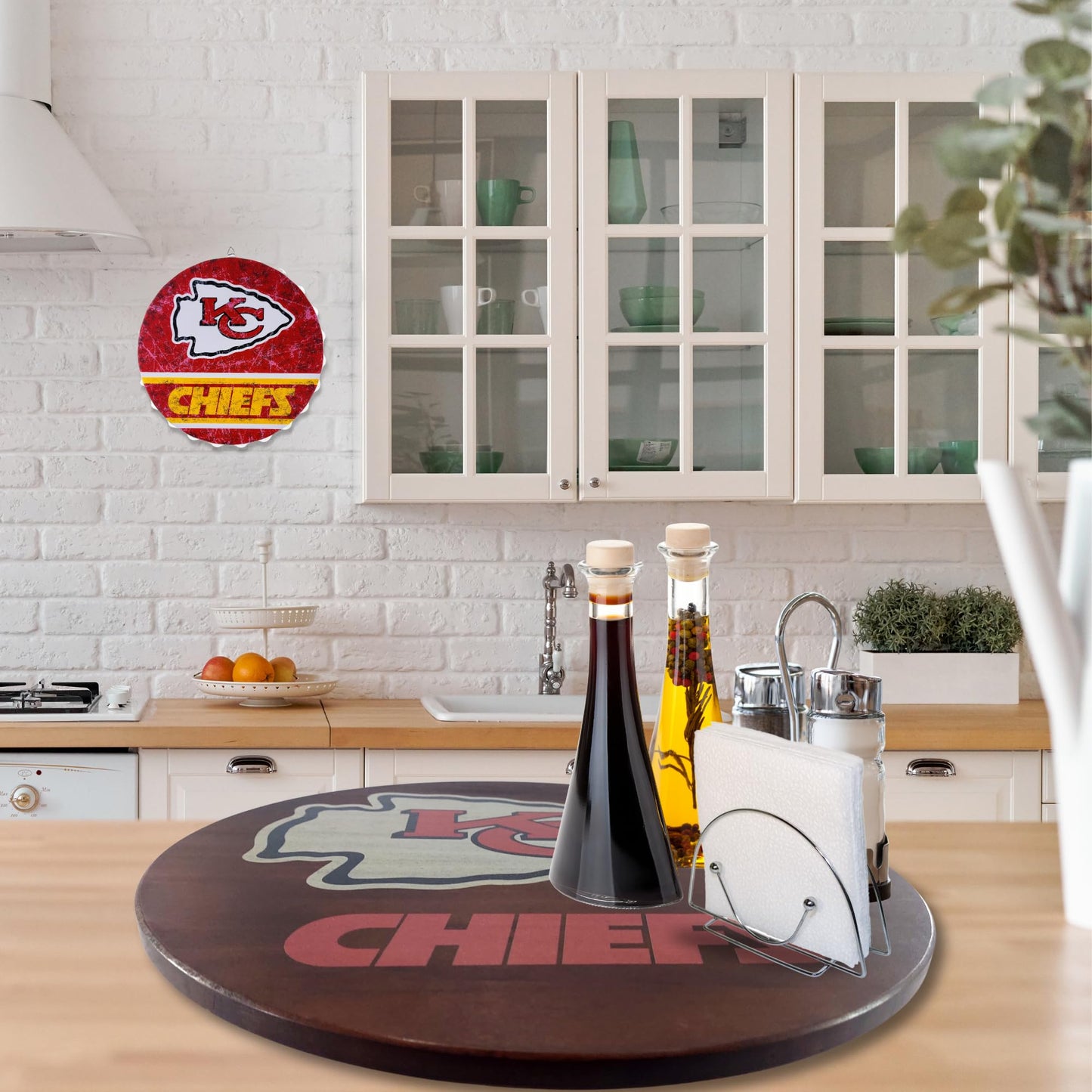 18” Wooden Lazy Susan - Kansas City Chiefs Logo by Fan Creations - Decorative Turntable Rack for Kitchen, Storage, Dining Buffet Tables - Tabletop Accessory for Game Day, Parties, Man Cave