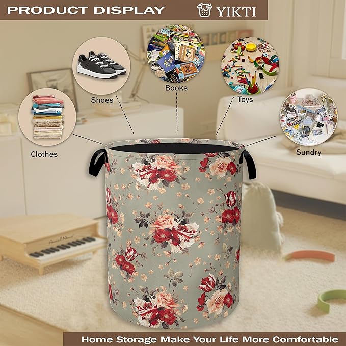 Red Rose Flowers Laundry Hamper, Vintage Floral Clothes Hamper