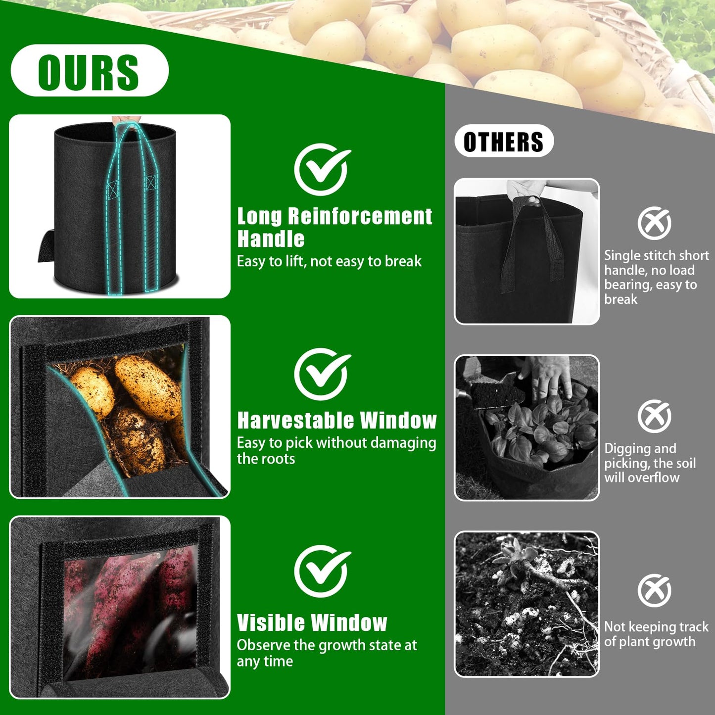 MJZ 3 Pack 15 Gallon Potato Grow Bags with Harvest Observation Windows, 380G Thickened Potato Bags for Growing Potatoes, Heavy Duty Nonwoven Fabric Garden Growing Containers to Grow Vegetable Tomatoes