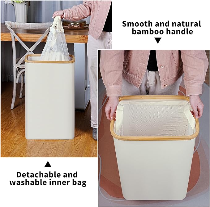 Slim Laundry Hamper, 75L Beige Narrow Laundry Basket