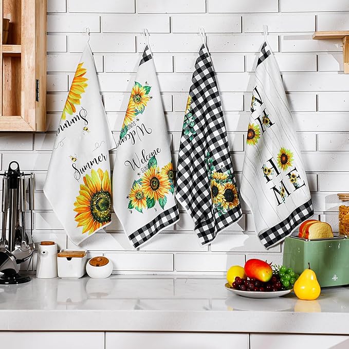 Bencailor 4 Pcs Sunflower Kitchen Towels Spring Summer Gifts Sunflower Floral