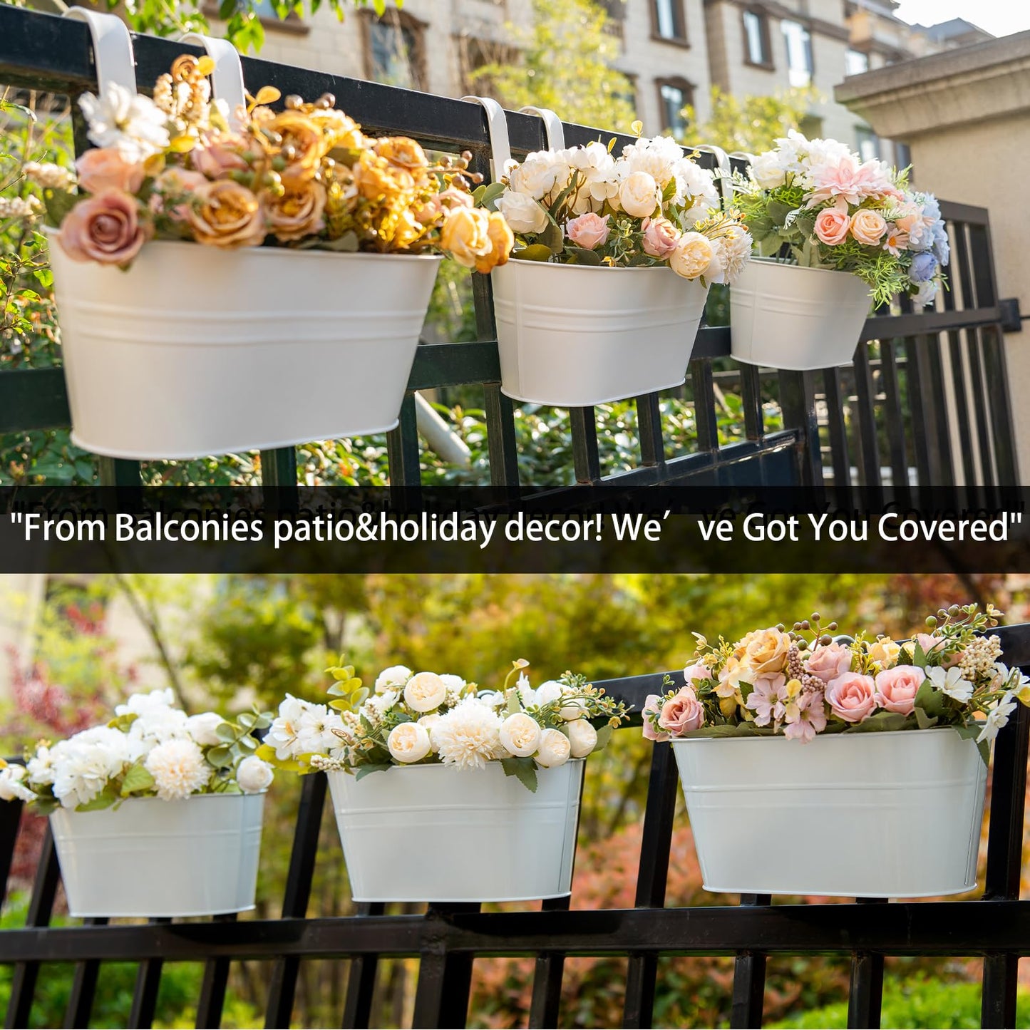 pansparade 3 Pack Metal Hanging Flower Pots for Railing Fence，Outdoor Balcony Rail Planter with Detachable Hooks Drainage Holes for Deck Garden Home Decor White
